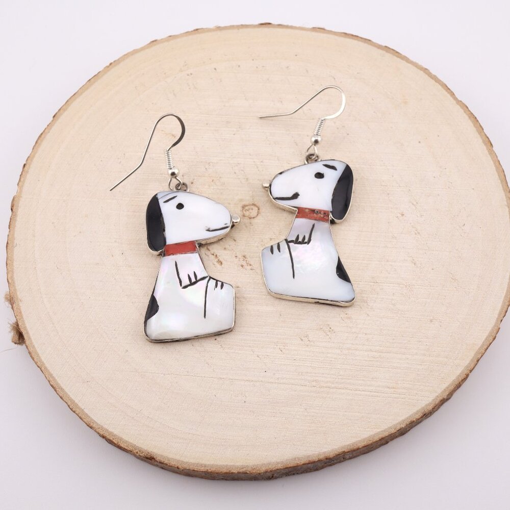 Handmade Zuni Inlay Large Snoopy Dog Dangle Earrings Sterling Silver Jewelry‎ ** - Picture 4 of 15